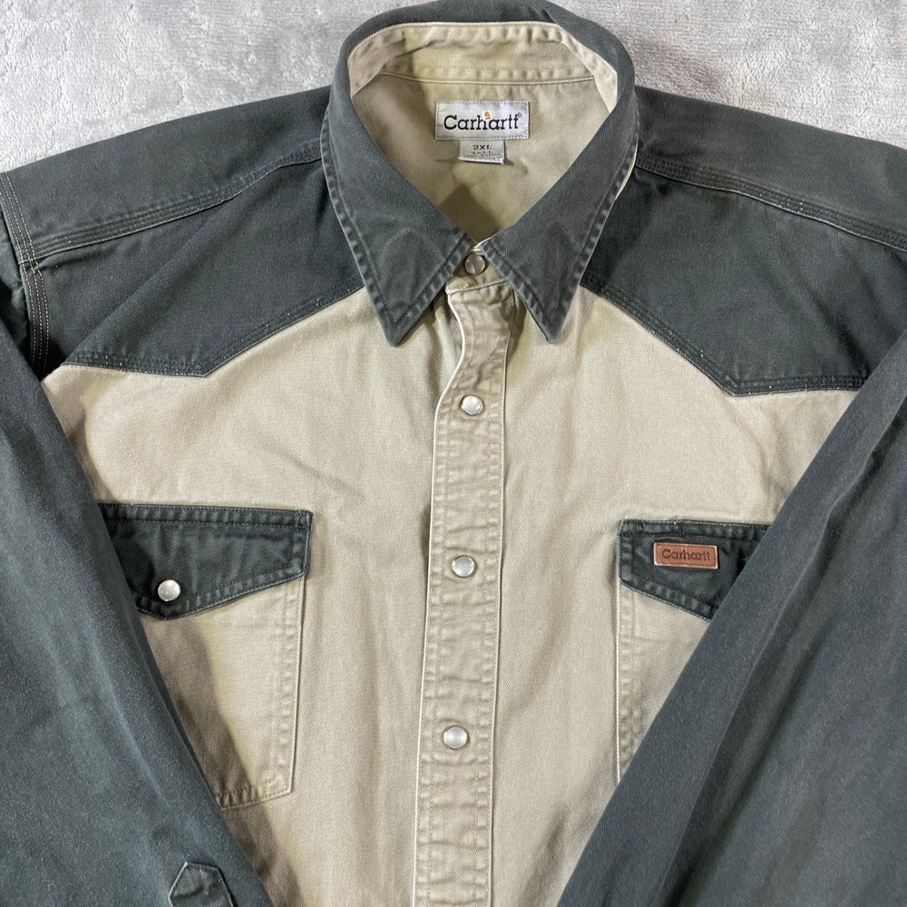 Carhartt Workwear Shirt Mens 2XL Tall Tan Heavy Western Pearl Snap Twill '09 - Picture 3 of 12